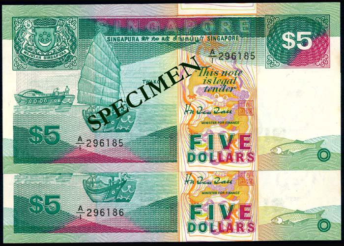 Singapore 2x$5 1989 ship 1st prefix (1 of 1)
