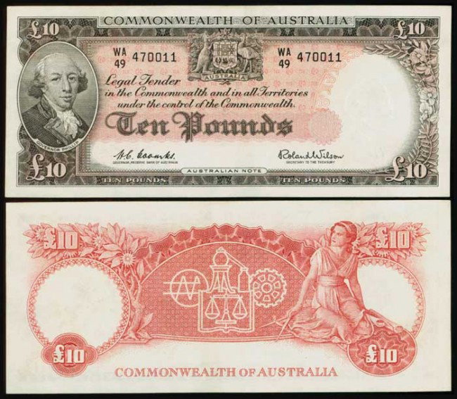 Australia 10 Pounds 1960-65 P36a UNC: Australia Reserve Bank of Australia, 10 Pounds, ND (1960-65), signs. Coombs/Wilson, (P.36a), serial no. WA/49 470011, ageing, UNC. <