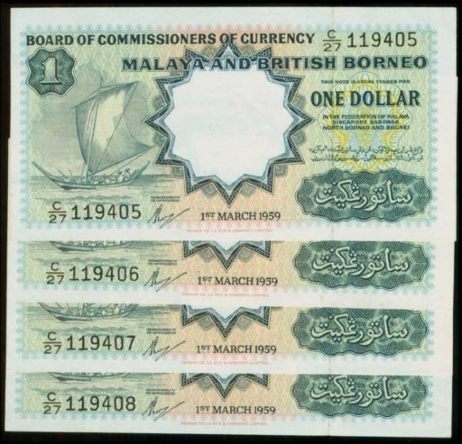 Malaya Br Borneo $1 boat P8A 4 consecutive: Malaya & British Borneo $1, 1 March 1959, sailing boat, Thomas de la Rue ((P.8A; Tan M25a), serial nos. C/27 119405 to 408, 4 consecutive notes,