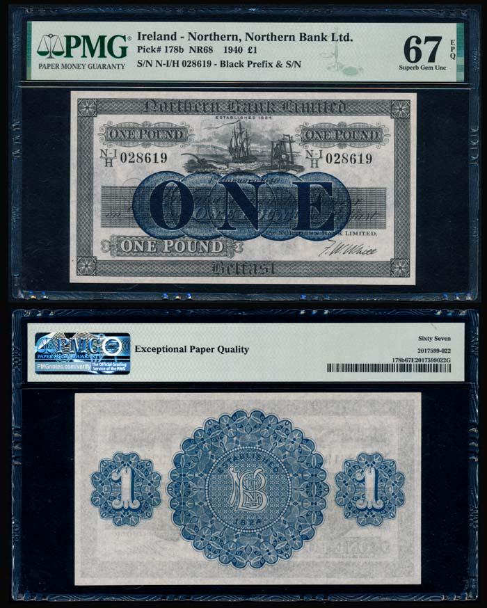 Ireland/Northern Pound 1940 PMG: Ireland/Northern Northern Bank Limited, Pound, 1 January 1940, (P.178b), serial no. N-I/H 028619, black prefix and serial no., PMG Superb Gem UNC67EPQ.