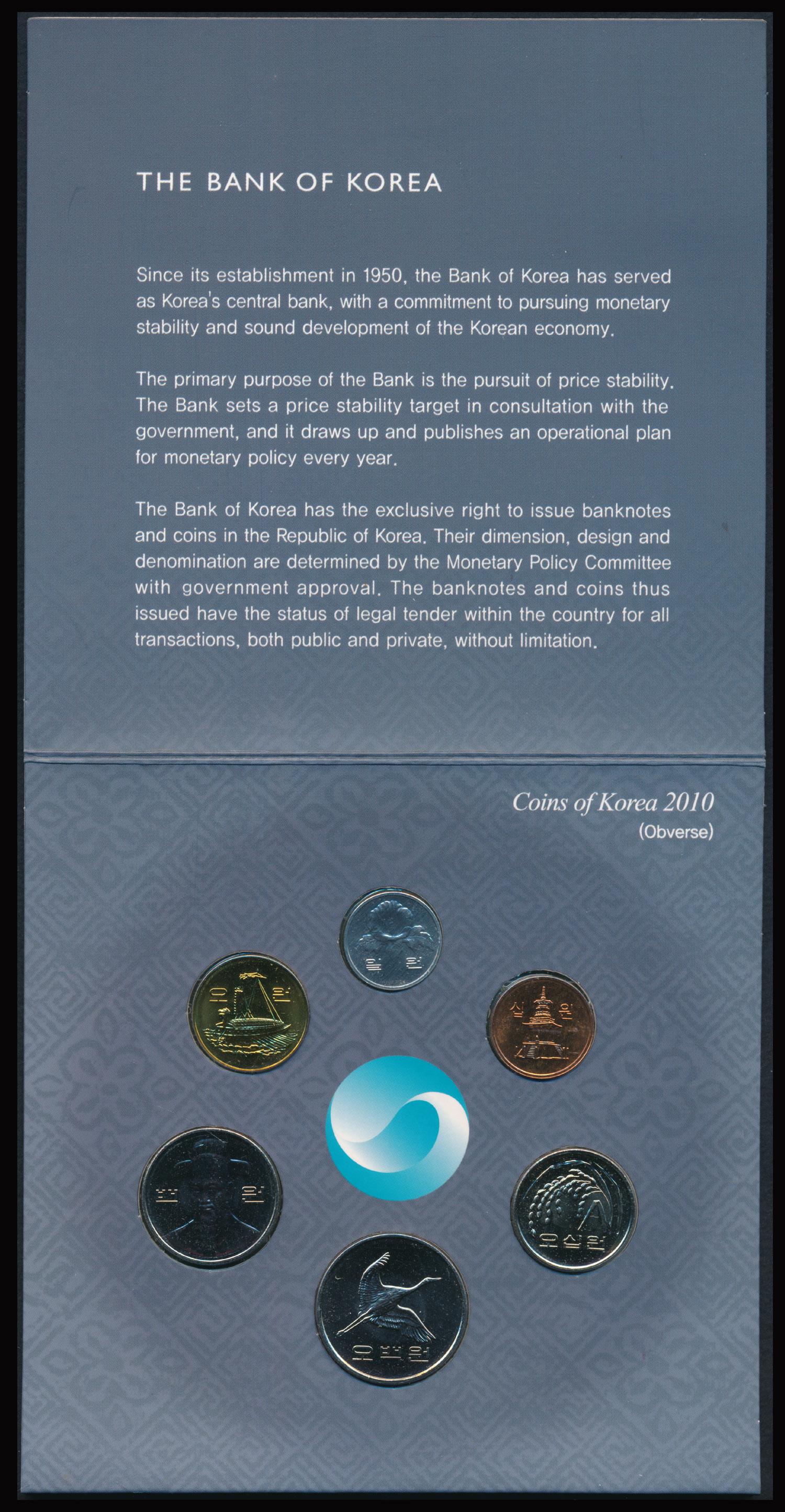 6 South Korea 1-500 Won 2010: Korea/South 1 to 500 Won, 2010, with folder titled "Coins of Korea 2010". Viewing recommended, sold as is, no return. (6 coins)