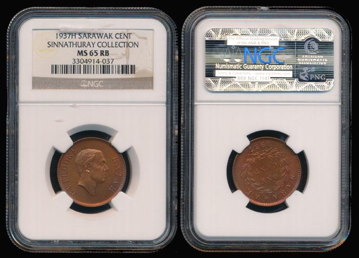Sarawak CV Brooke 1c 1937H NGC MS65RB: Sarawak C.V. Brooke, Cent, (KM.18), 1937H, NGC MS65RB. From the Sinnathuray Family Collection.
