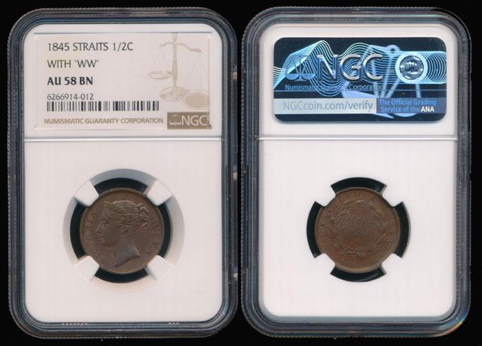 Straits Settlements EIC 1/2c 1845WW NGC (1 of 1)