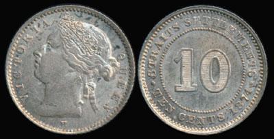 Straits Settlements QV 10c 1874H AU (1 of 1)