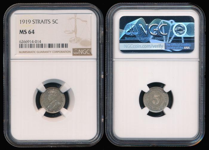 Straits Settlements KGV 5c 1919 NGC MS64 (1 of 1)