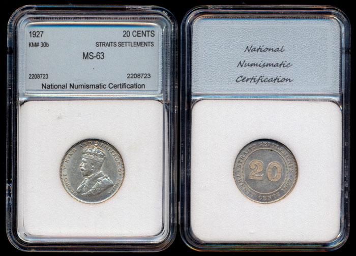 Straits Settlements KGV 20c 1927 NNC MS63 (1 of 1)