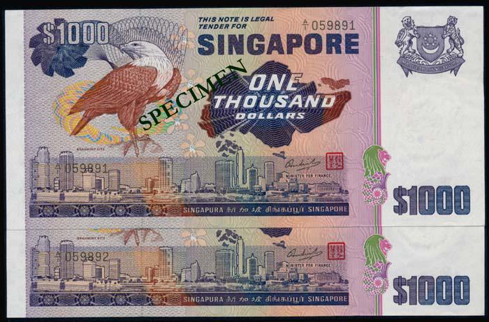 Singapore 2x$1000 1978 bird 1st prefix (1 of 1)