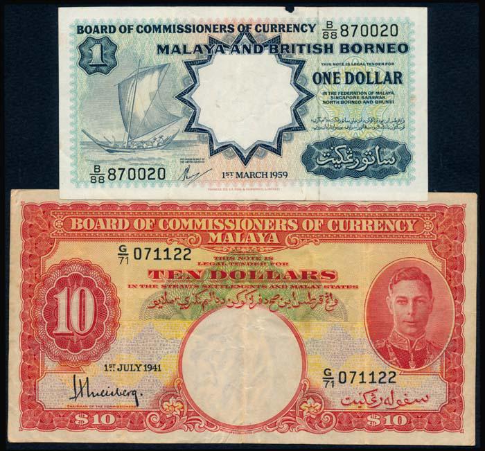 Malaya $10 1941 KGVI $1 1959 sailing boat: Malaya Malaya: $10, 1 July 1941, King George VI, (P.13; Tan M13), serial no. G/71 071122. stains, ageing, VF; Malaya & British Borneo: $1, 1 March 1959, sailing boat, Thomas de la Rue, (P.8A; Tan M25a