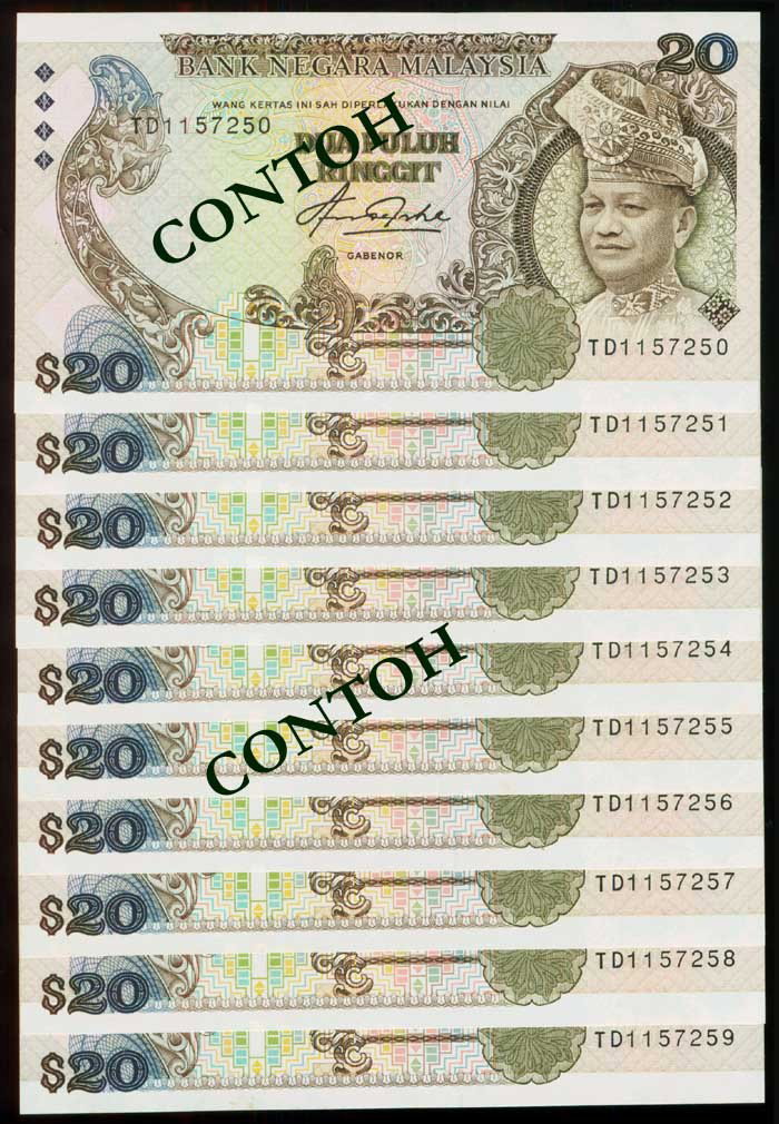 Malaysia $20 1982-84 P22 10 consecutive: Malaysia $20, (1982-84), 5th series, sign. Abdul Aziz Taha, (P.22; KNB.27d), serial nos. TD 1157250 to 259, 10 consecutive notes, UNC. (10)