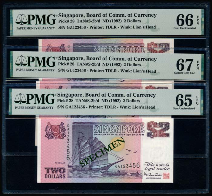 Singapore 24x$2 1992 ship purple GA-GZ123456: Singapore $2, (1992), ship, purple, serial nos. GA to GZ 123456 (ascending ladder serial no.), 24 consecutive prefixes, prefixes GI and GO were not issued; prefix GA graded PMG Gem UNC65EPQ; prefixes 