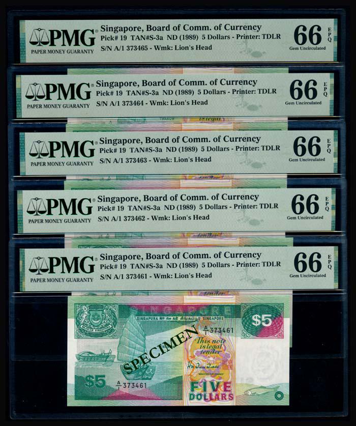 Singapore 5x$5 1989 ship 1st prefix PMG (1 of 1)