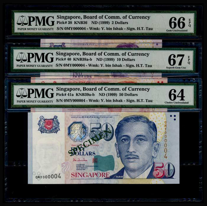 3 Singapore $2-$50 1999 HTT 0MY 000004 PMG: Singapore $2, $10, $50, (1999), President Ishak, sign. Hu Tsu Tau, all same serial no. 0MY 000004, graded PMG Gem UNC66EPQ, Superb Gem UNC67EPQ, and Choice UNC64. (3)