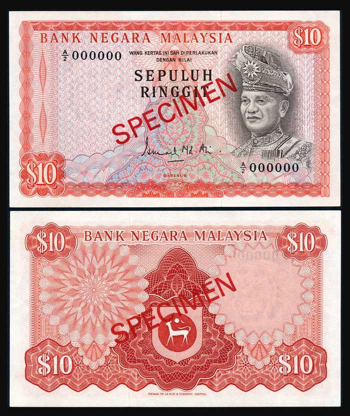 Malaysia $10 1972-76 specimen P9s GEF-AU: Malaysia $10, (1972-76), 2nd series, sign. Ismail Md. Ali, specimen, (P.9s; KNB.9a), serial no. A/2 000000, handling, GEF-AU. Property of a gen
