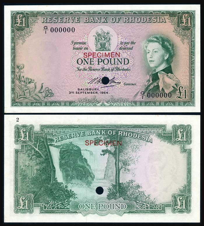 Rhodesia Pound 1964 QEII P25ct AU-UNC: Rhodesia Reserve Bank of Rhodesia, Pound, 3 September 1964, Queen Elizabeth II, colour trial in green, (P.25ct), serial no. G/1 000000, rev. spe