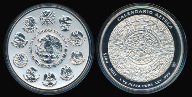 Mexico 100 Pesos 2011 Mo 1 kg: Mexico 100 Pesos 2011 Mo 1 kgMexico 100 Pesos, (KM.921), 2011 Mo, 1 kg, .999 silver, commemorative, Aztec Calendar, in original packaging (cardboard box damaged). Mintage 1500.