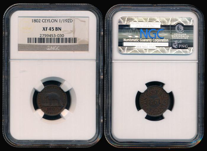 Ceylon 1/192 Rixdollar 1802 NGC (1 of 1)