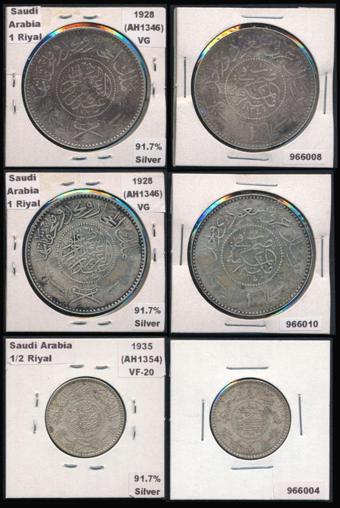 3 Saudi Arabia 1/2-1 Riyal 1928-35: Saudi Arabia 1 Riyal (2), (KM.12), 1928 (AH1346), VG; 1/2 Riyal, (KM.17), 1935 (AH1354), VF; toned, bagmarks, hairlines. (3)