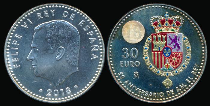 Spain 30 Euro 2018 M: Spain 30 Euro 2018 MSpain King Philip VI, 30 Euro, 2018 M, commemorative, 50th Birthday of King Felipe VI, in box titled "Banco De Espana Eurosistema". This Lot is subject to
