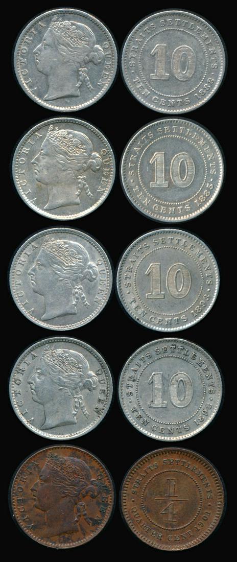 5 Straits Settlements 1/4c 1901 10c 1885-98 (1 of 1)