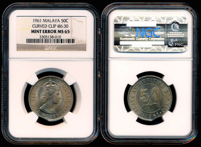 Malaya Br Borneo QEII 50c 1961 NGC MS65: Malaya & British Borneo Queen Elizabeth II, 50 Cents, (KM.4.1), 1961, mint error, curved clip at 6:30, NGC MS65.