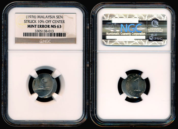 Malaysia Cent 1976 error NGC MS63: Malaysia Cent, (KM.1a), 1976, mint error, struck 10% off centre, NGC MS63.