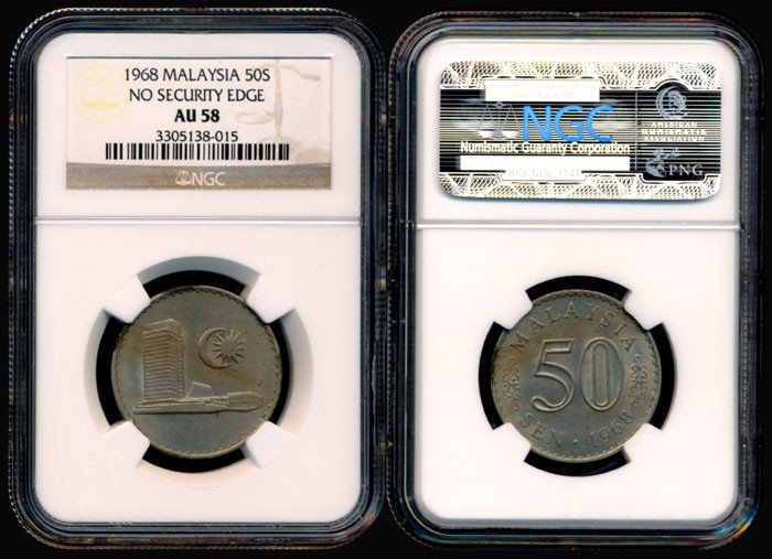 Malaysia 50 Cents 1968 NGC AU58: Malaysia 50 Cents, (KM.5.2), 1968, no security edge, NGC AU58.