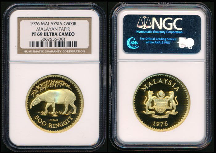Malaysia RM500 1976 Tapir NGC PF69UC: Malaysia 500 Ringgit, (KM.21), 1976, Malayan Tapir, gold, proof, NGC PF69 Ultra Cameo. From the Khaw Collection.