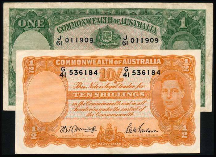 Australia 10 Shillings 1 Pound 1938-52 KGVI: Australia Commonwealth Bank of Australia, 10 Shillings, 1 Pound, ND (1938-52), King George VI, signs. Armitage/McFarlane (1942), (P.25b, 26b), serial nos. G/41 536184, J/61 011909, original VF and goo