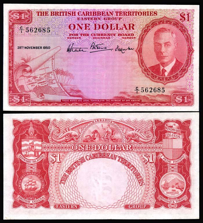 Br Caribbean Territories $1 1950 KGVI AU: British Caribbean Territories $1, 28 November 1950, King George VI, (P.1), serial no. C/1 562685, counting fold, thus AU.