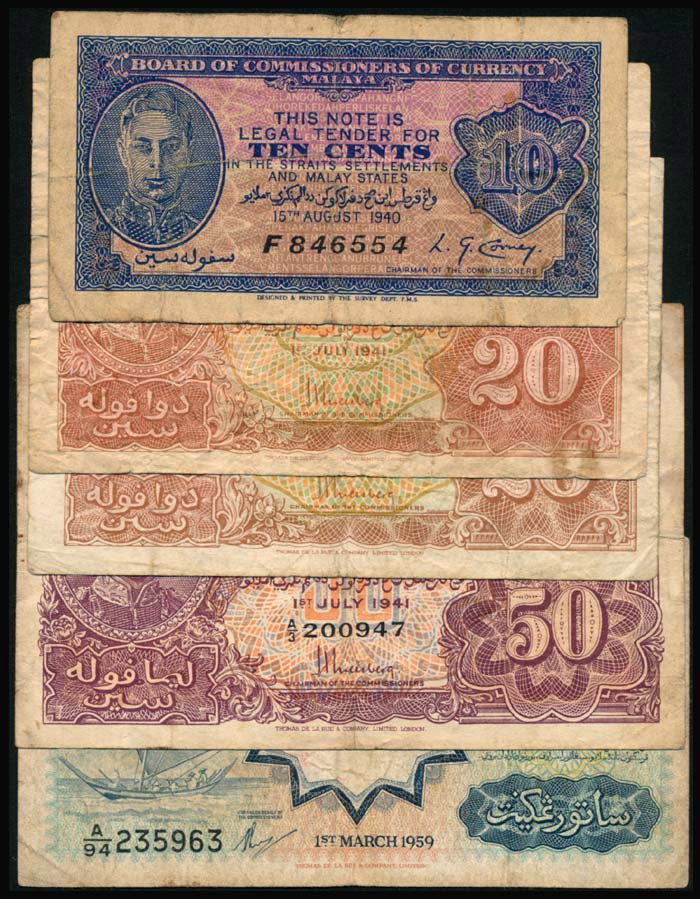 5 Malaya 10c-50c 1940-41 MBB $1 1959: Malaya 10 Cents, 15 August 1940, King George VI, (P.2; Tan M1), serial no. F 846554; 20 Cents (2), 50 Cents, 1 July 1941, King George VI, (P.9a, 9b, 10; Tan M5, M5b, M7), 50 Cents, serial no. A/3 2009