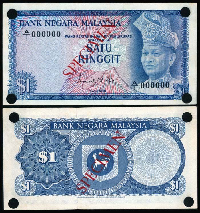 Malaysia $1 1967-72 specimen AU-UNC: Malaysia $1, (1967-72), 1st series, sign. Ismail Md. Ali, specimen, (P.1a; KNB.1b), serial no. A/1 000000, "SPECIMEN" ovpt. and official punch holes, AU-UNC.