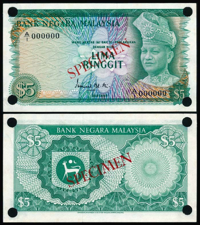 Malaysia $5 1967-72 specimen AU-UNC: Malaysia $5, (1967-72), 1st series, sign. Ismail Md. Ali, specimen, (P.2a; KNB.2b), serial no. A/1 000000, "SPECIMEN" ovpt. and official punch holes, AU-UNC.