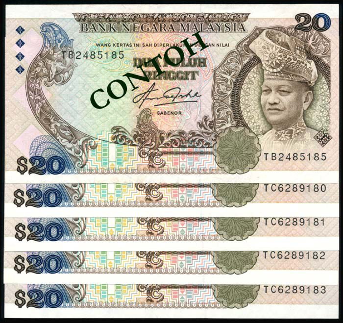 Malaysia $20 1982-84 (5): Malaysia $20, (1982-84), 5th series, sign. Aziz Taha, (P.22; KNB.27b, 27c), serial nos. TB 2485185, TC 6289180 to 183, 4 consecutive notes, prefix TB, VF, others AU. (5)