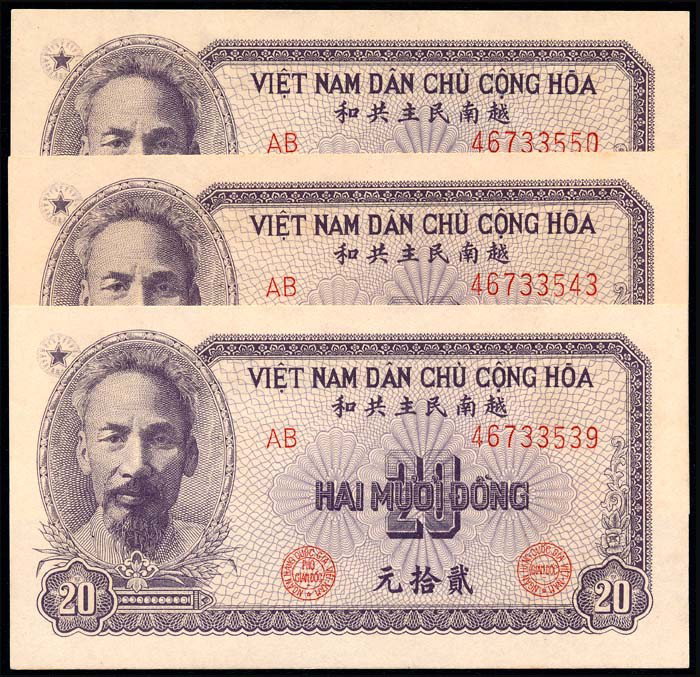 Viet Nam North 20 Dong 1951 (3): Viet Nam/North National Bank of Viet Nam, 20 Dong, 1951, (P.60a), serial nos. AB 464733539, AB 46733543, AB 46733550, AU-UNC. (3)