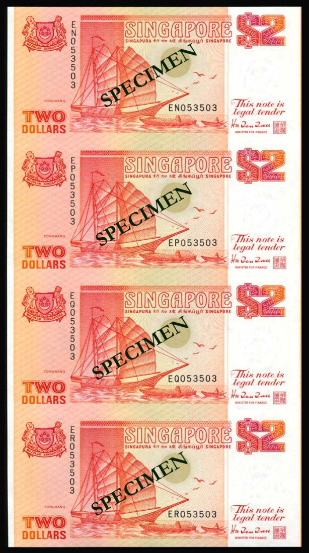 Singapore $2 1990 ship uncut sheet of 12: Singapore $2, (1990), ship, orange, (P.27), uncut sheet of 12, top left serial no. EN 053503, bottom right ER 063503, AU-UNC, with BCCS folder and envelope, distributed by The Singapore Mint. (1 sheet