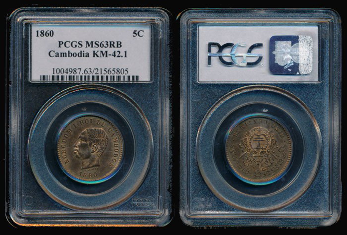 Cambodia 5 Centimes 1860 PCGS MS63RB: Cambodia 5 Centimes, (KM.42.1), 1860, PCGS MS63RB.