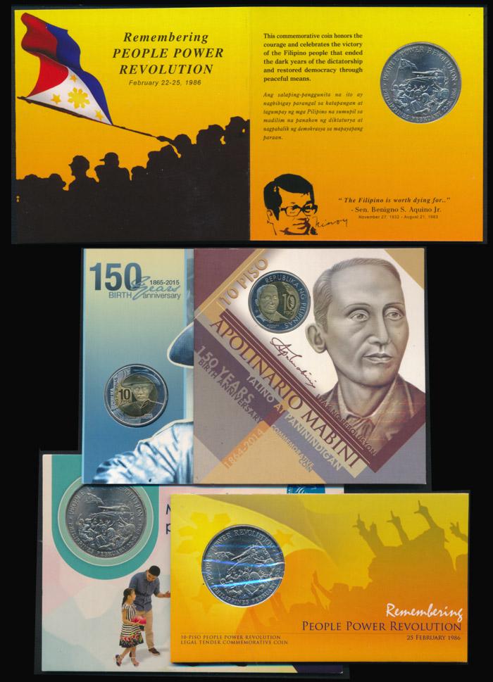 Philippines 1-10 Pesos 1988-2015 17 sets: Philippines 1-10 Pesos 1988-2015 17 setsPhilippines 10 Pesos, (KM.250), 1988, commemorative, People Power Revolution, in original packaging (7 sets); 1 Piso,(KM.284), 2011, commemorative, 150 Years Bi
