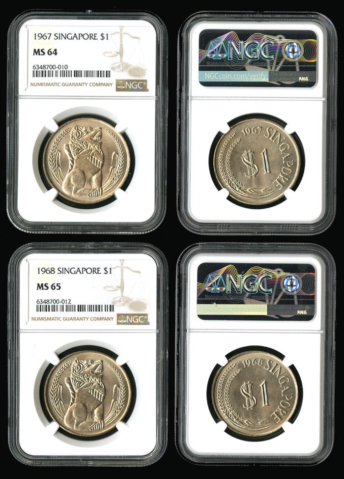 Singapore $1 1967 1968 NGC: Singapore $1 1967 1968 NGCSingapore $1, (KM.6), 1967, 1968, graded NGC MS64 and MS65 respectively. (2) This Lot is subject to 8% Goods and Services Tax on both the Hammer Pr