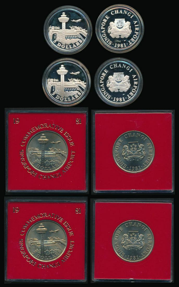 Singapore 4x$5 1981 Changi Airport: Singapore $5 (2), (1981), proof, Changi Airport, with boxes (damaged) and certificate of authenticity nos. 02319 and 02320; $5 (2), (KM.19), 1981, Changi Airport, uncirculated, with original case of i