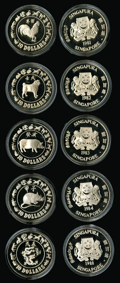 Singapore Lunar Series 5x$10 1981-88 proofs: Singapore Lunar Series 5x$10 1981-88 proofsSingapore Lunar Series, $10, 1981-84, 1988, encapsulated silver proofs, each with a box and certificate. Some boxes damaged. Viewing recommended, sold as is,