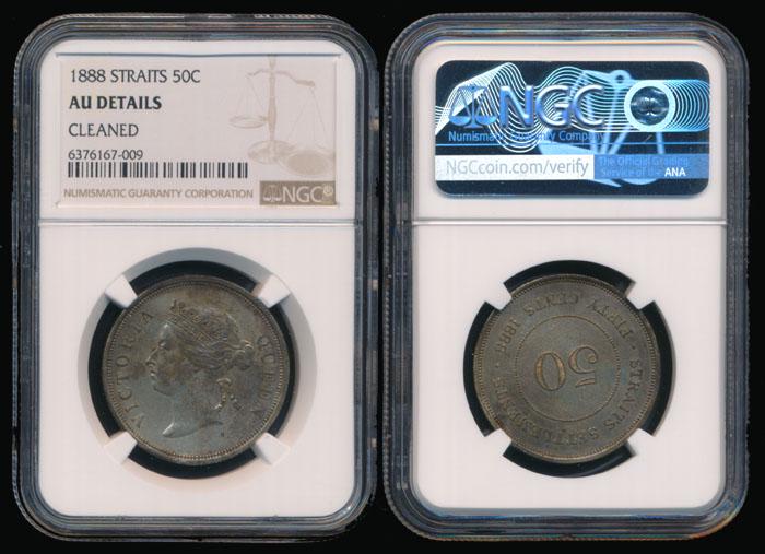 Straits Settlements QV 50c 1888 NGC: Straits Settlements Victoria, 50 Cents, (KM.13), 1888, NGC AU Details - cleaned.