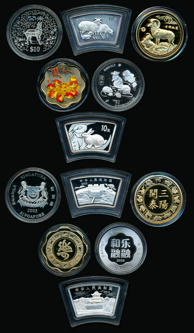 World coins of China Singapore: World China: 10 Yuan, 2011, Year of the Rabbit, fan-shaped, silver, 1 oz, with box and certificate of authenticity 34948; Singapore: Blissful Goat Coin Set contains the 2003 Singapore Lunar Goat $10 c