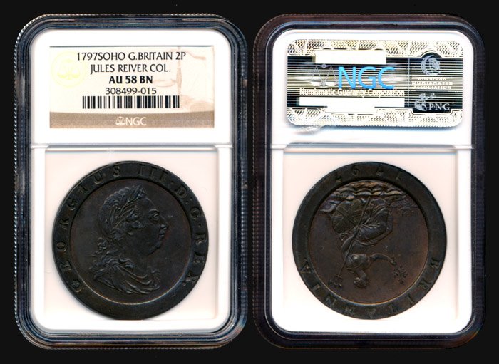 Great Britain KGIII 2 Pence 1797 NGC AU58BN: Great Britain George III, 2 Pence, (KM.619), 1797 SOHO, NGC AU58BN. Ex. Jules Reiver Collection.