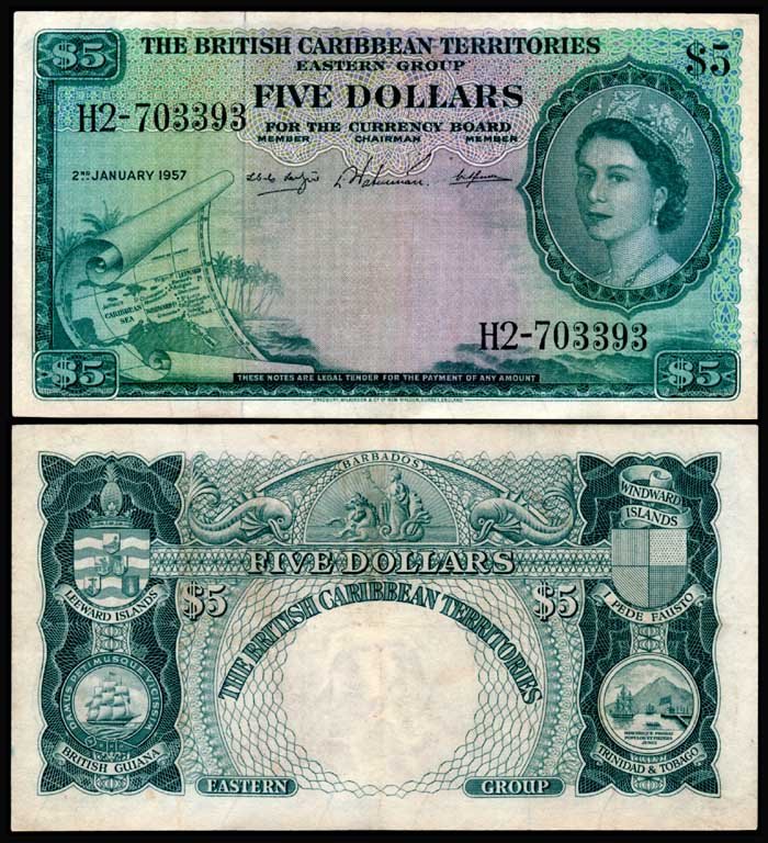 British Caribbean Territories $5 1957 QEII: British Caribbean Territories Eastern Group, $5, 2 January 1957, Queen Elizabeth II, (P.9b), serial no. H2-703393, GVF.