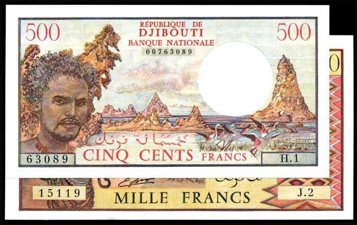 Djibouti 500F 1000F 1979-88 UNC: Djibouti Republique De Djibouti, 500 Francs, ND (1979), w/o signature, (P.36a), serial no. 63089 H.1; 1000 Francs, ND (1988), sign. title: Le Gouverneur, (P.37b), serial no. 15119 J.2; UNC. (2)