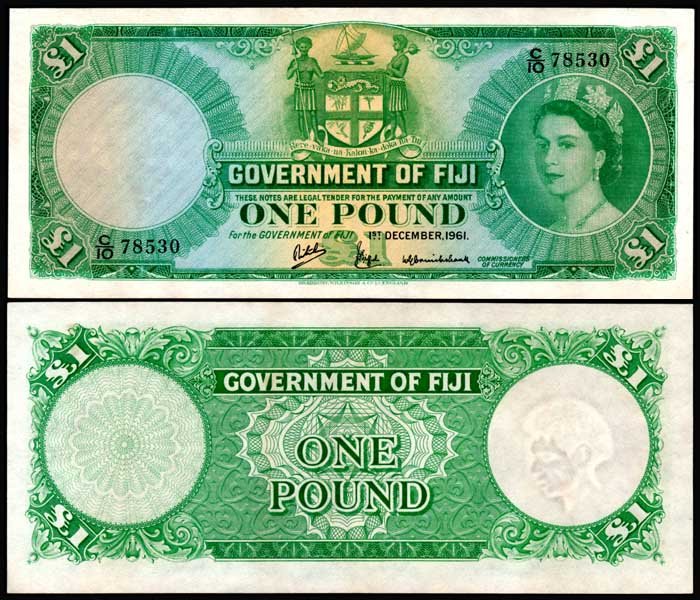 Fiji Pound 1961 QEII AU: Fiji Government of Fiji, Pound, 1 December 1961, Queen Elizabeth II, (P.53d), serial no. C/10 78530, AU.