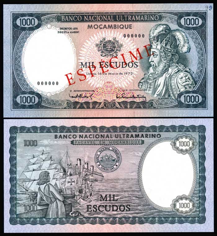 Mozambique 1000 Escudos 1972 specimen AU-UNC: Mozambique Banco Nacional Ultramarino, 1000 Escudos, 16 May 1972, specimen, (P.112s), serial no. 000000, specimen no. '99' 2nd '9' with ink touch up over figure, AU-UNC.