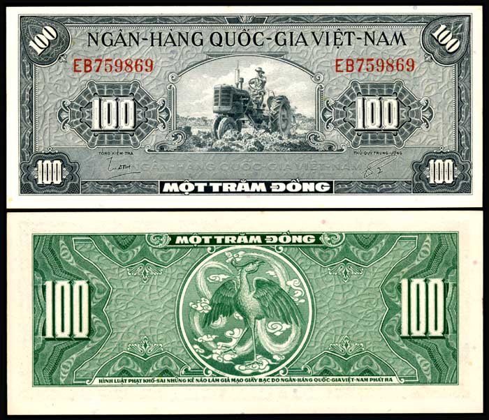 Viet Nam South 100 Dong 1955 UNC: Viet Nam/South Ngan-Hang Quo'c-Gia Viet-Nam, 100 Dong, ND (1955), (P.8a), serial no. EB 759869, UNC.