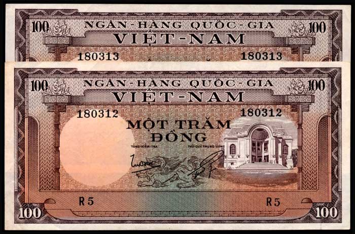 2 Viet Nam South 100 Dong 1966 consecutive: Viet Nam/South Ngan-Hang Quo'c-Gia Viet-Nam, 100 Dong, ND (1966), (P.18a), serial nos. 180312 R5 to 313 R5, consecutive pair, ageing, GVF-AEF. (2)