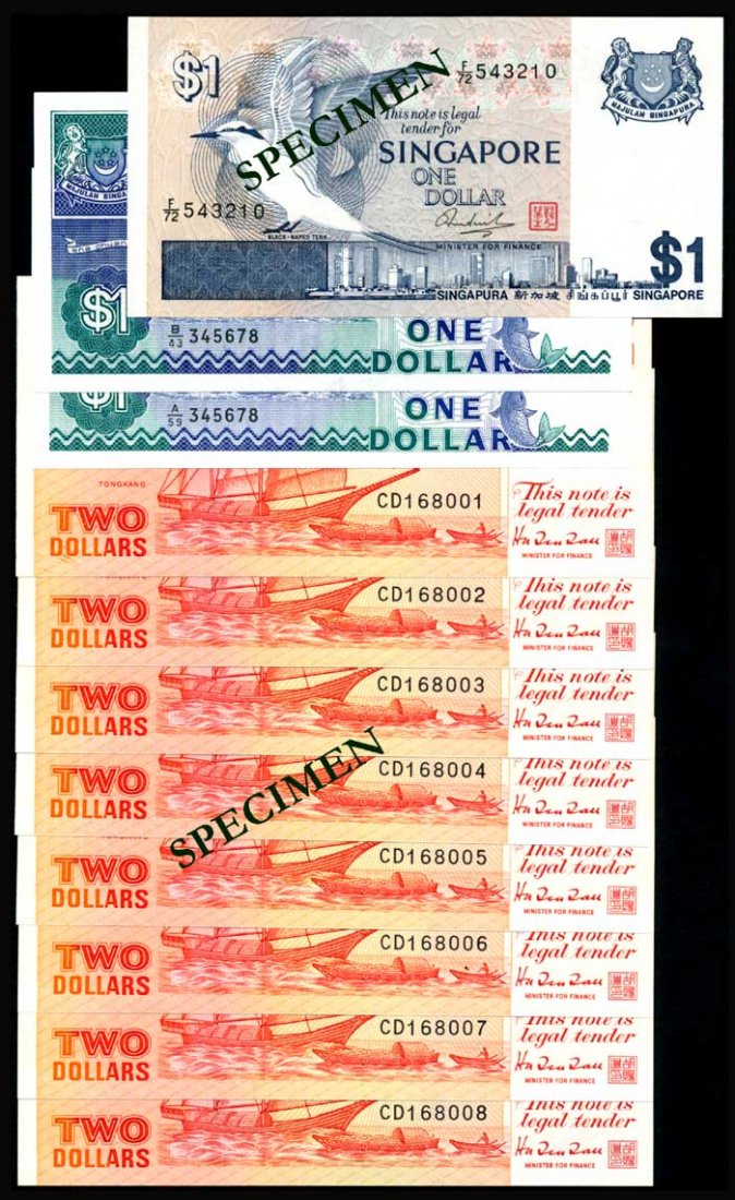 11 Singapore $1 $2 1976-90 bird ship: Singapore $1, (1976), bird, (P.9), serial no. F/72 543210; $1, (1987), ship, sign. Goh Keng Swee, (P.18), serial nos. B/43 345678 (EF), A/59 345678; $2, (1990), ship, orange, (P.27), serial nos. CD 16